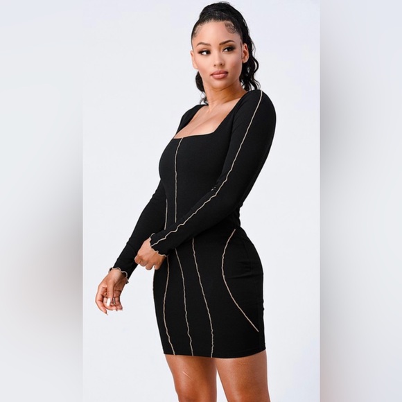 Elegant Black Long Sleeve Seam Detail Dress - Picture 6 of 6